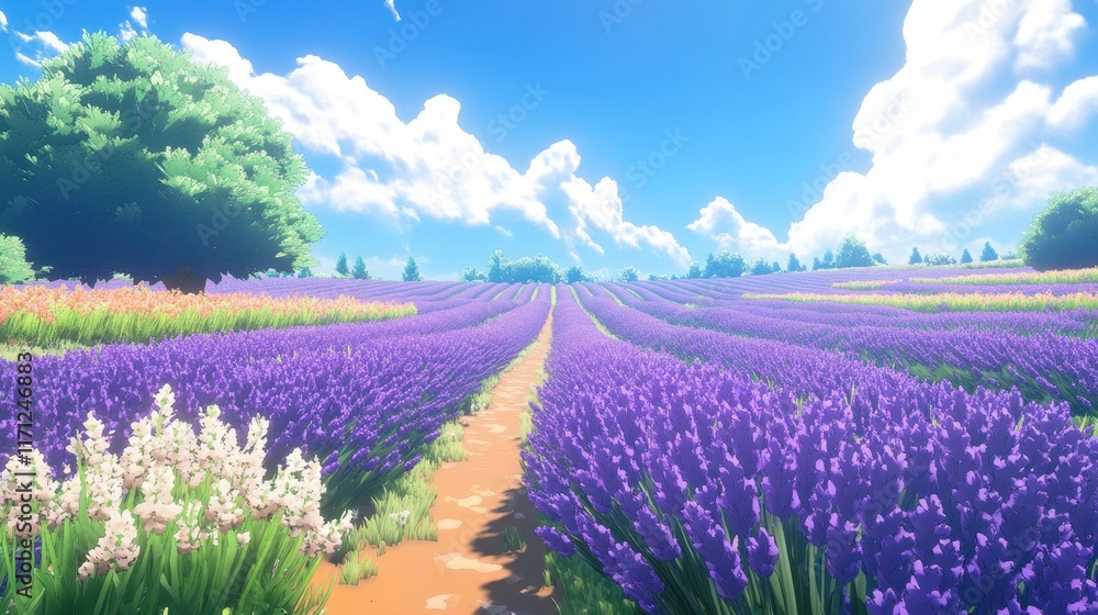 Fototapeta premium Vibrant Lavender Field Under Blue Sky with White Clouds and Path