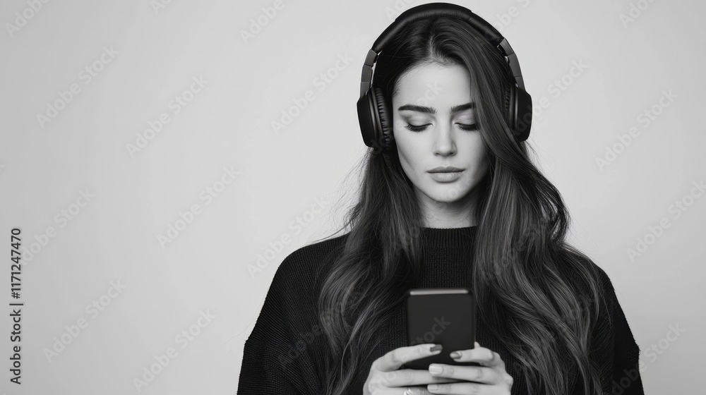 Photo of pretty lady hold telephone using modern technology listening music on white background, ai generated Photo of pretty lady hold telephone using modern technology listening music on white background, ai generated