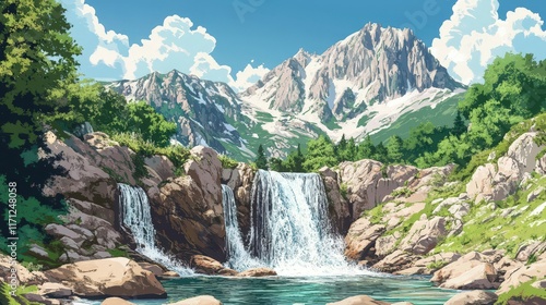 Serene Waterfall Cascading Down Rocky Mountainside