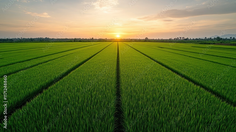 Naklejka premium Bright green rice fields illuminated by a beautiful sunset, showcasing the tranquility of farmland during dusk with vivid colors