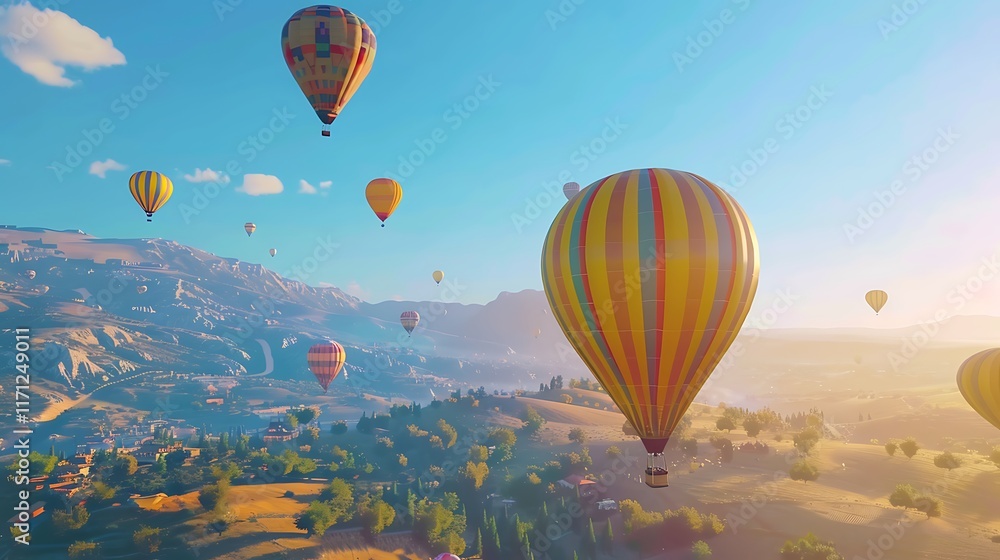 Obraz premium A colorful hot air balloon festival with multiple balloons floating in the clear blue sky over a picturesque landscape.