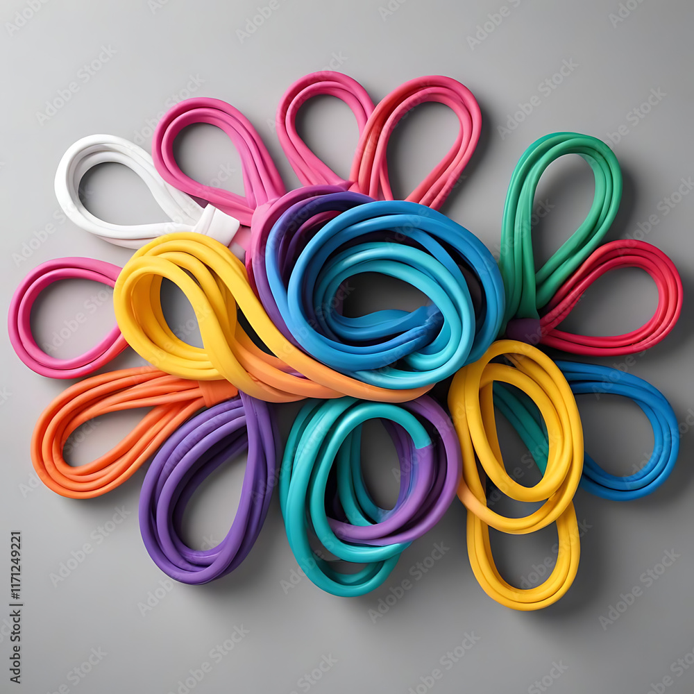 A set of colorful resistance bands rolled neatly, placed on a clean white background. A set of colorful resistance bands rolled neatly, placed on a clean white background.
