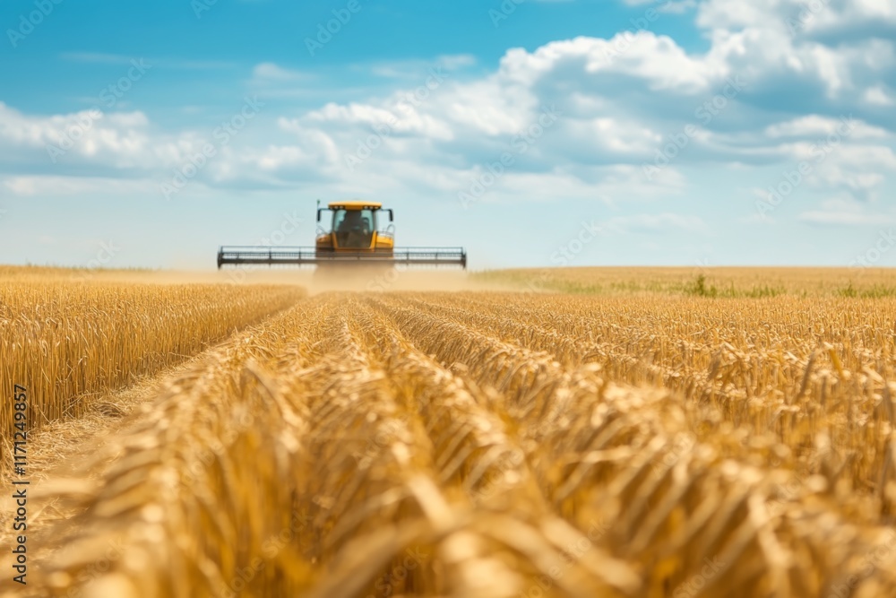 Obraz premium Harvesting wheat in a golden field under a bright blue sky with soft clouds