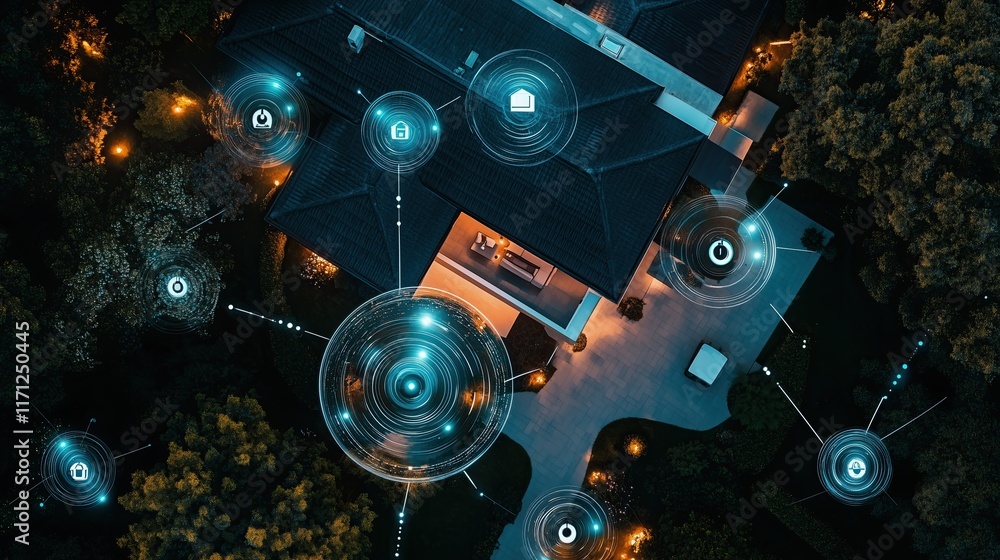Obraz premium Bird's eye view of a suburban home with multiple security cameras visualized as a protective network, digital connections shown as glowing threads, night scene