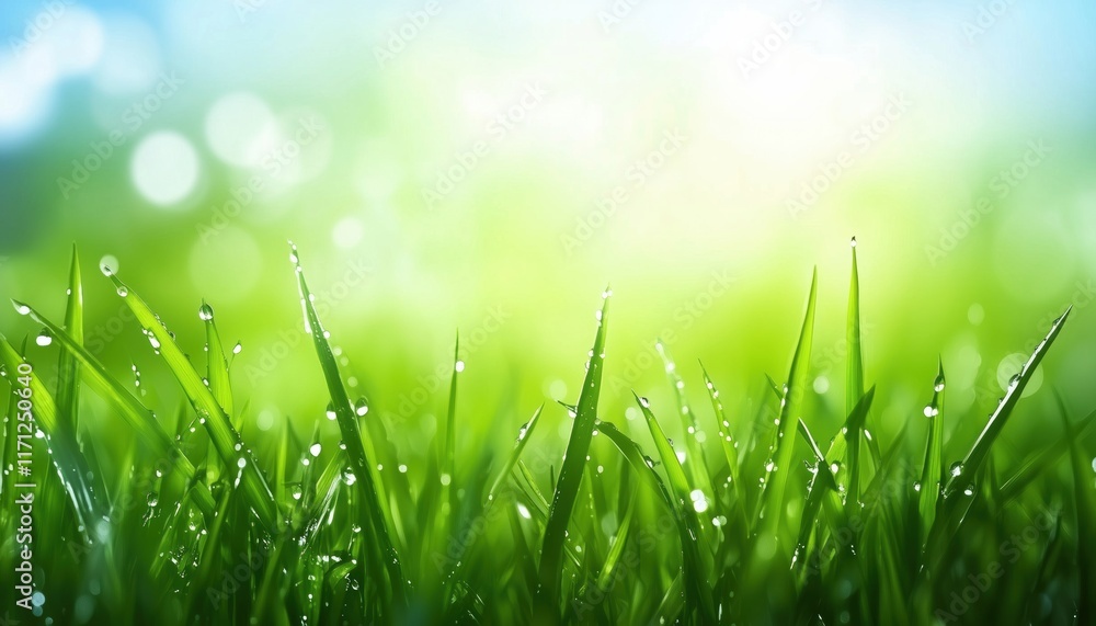 Obraz premium Fresh Clear Water Droplets On Grass Leaves: Macro View Of Morning Dew In Spring And Summer On Greenery In Nature