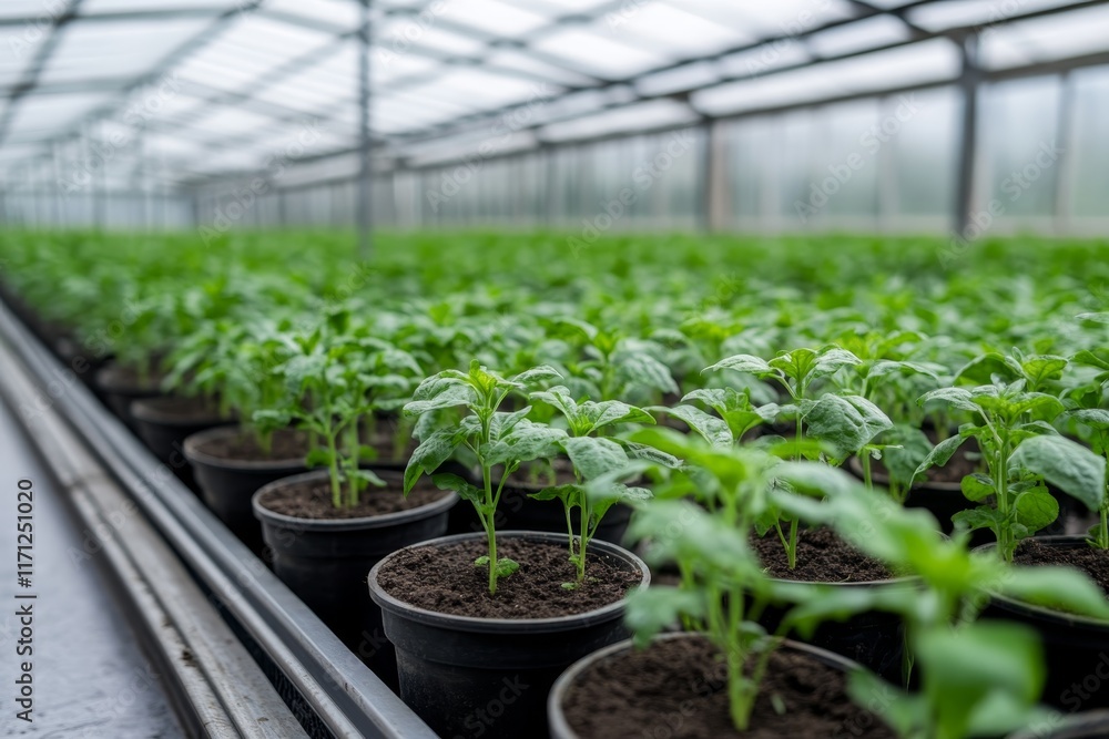 Greenhouse filled with young pepper plants growing in pots under natural light for sustainable agriculture Greenhouse filled with young pepper plants growing in pots under natural light for sustainable agriculture