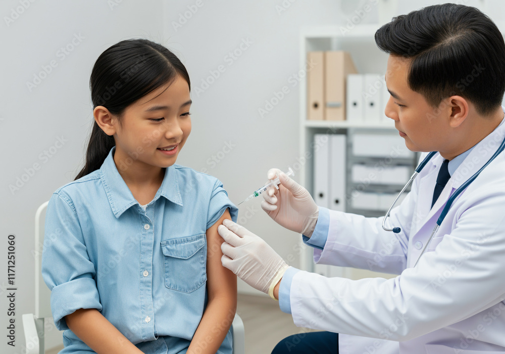 Asian doctor injecting vaccine to a smiling little girl in hospital Asian doctor injecting vaccine to a smiling little girl in hospital
