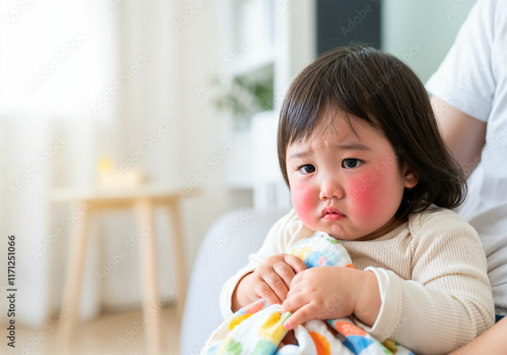 Baby girl feeling unwell, showing symptoms of fever and redness on her cheeks while holding a blanket Baby girl feeling unwell, showing symptoms of fever and redness on her cheeks while holding a blanket