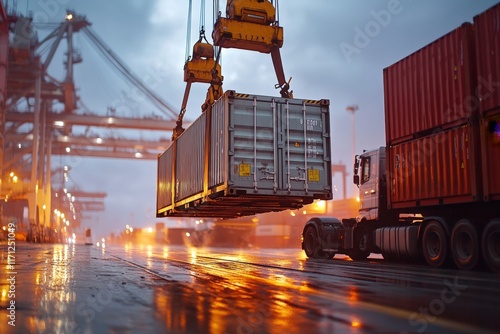 Crane lifts shipping container at port maritime industry action urban environment closeup viewpoint for logistics operations