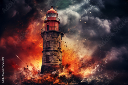 In midst of a tempestuous lightning storm, a solitary lighthouse stands tall, its isolated structure a beacon of hope amidst tumultuous sea, guiding ships safely through chaos photo