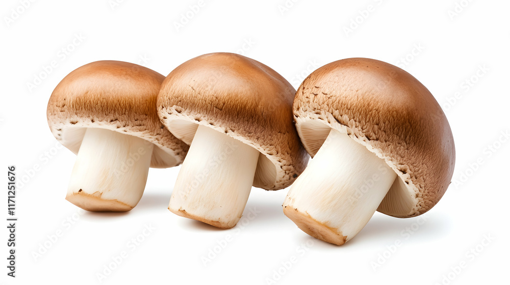 Three brown mushrooms isolated on white background, studio shot, food photography, recipe ingredient. Three brown mushrooms isolated on white background, studio shot, food photography, recipe ingredient.