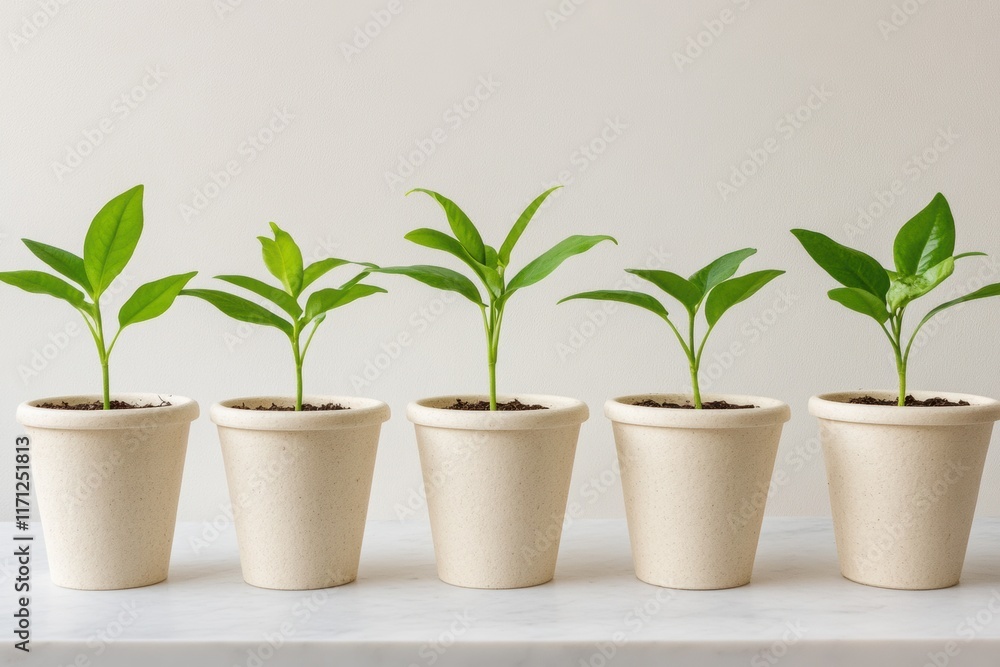 Eco-friendly plant pots in a row with green seedlings, minimalistic design, environmental sustainability concept Eco-friendly plant pots in a row with green seedlings, minimalistic design, environmental sustainability concept