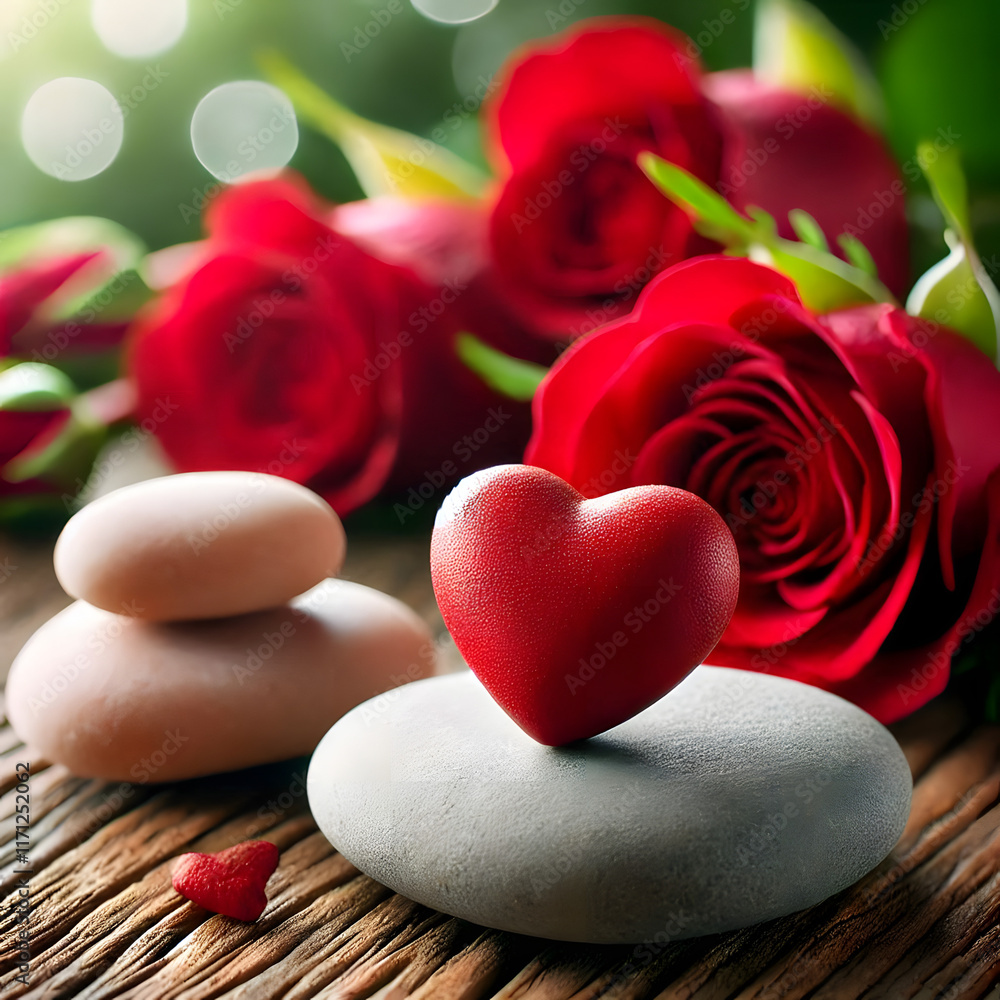 Obraz premium red rose and heart shaped stones