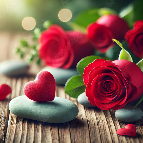 red rose and stones on wooden background