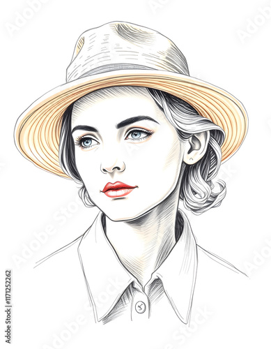 Vintage picture hat, color sketch, with white tones photo