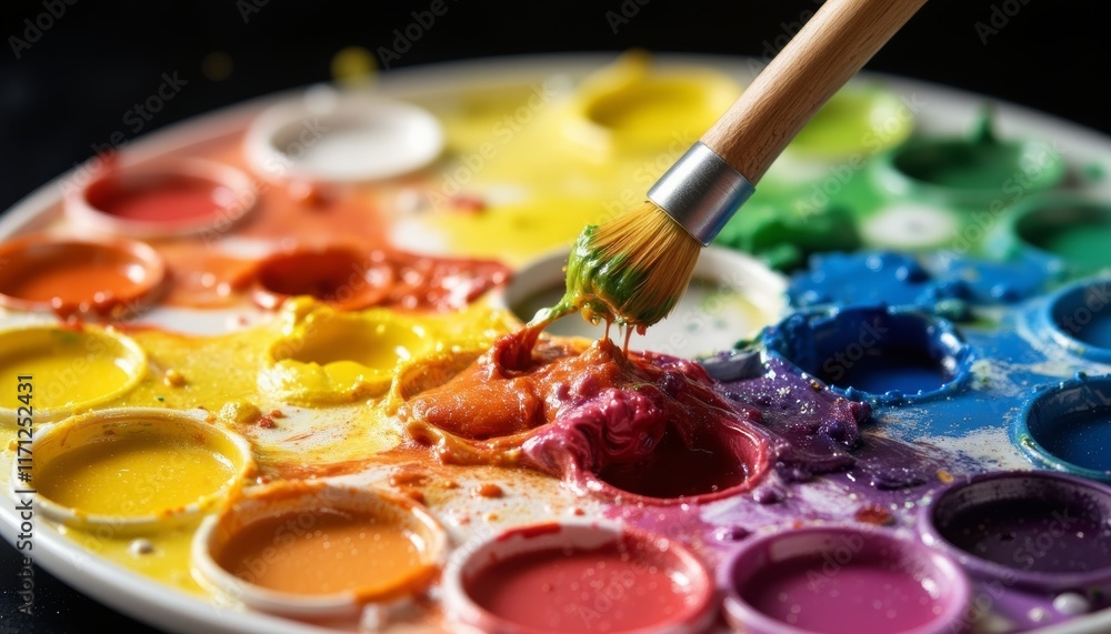 Colorful paint palette with brush mixing vibrant pigments Colorful paint palette with brush mixing vibrant pigments