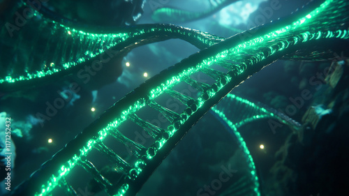  single green cyan DNA genome birds eye view with side-lighting 