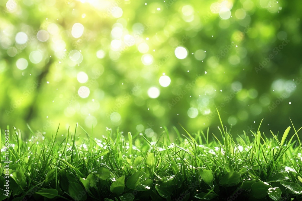 Obraz premium Serene closeup of vibrant green grass blades in nature rainy environment macro photography freshness concept