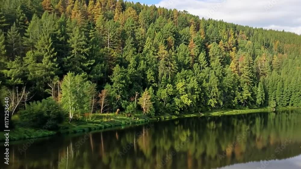 Calm river reflecting lush green forest on a sunny day Calm river reflecting lush green forest on a sunny day