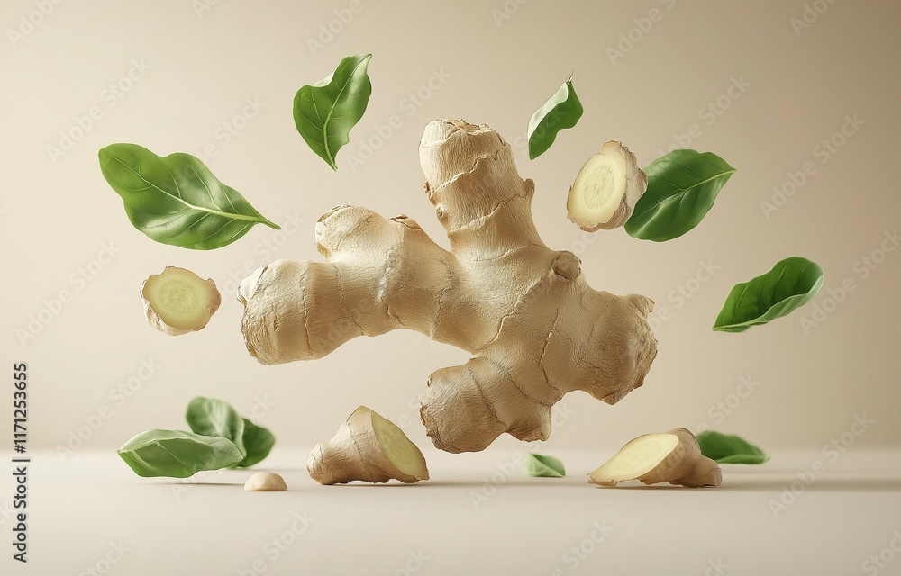 Fototapeta premium A ginger root in midair with basil leaves. conventional medical supplies and health theories.
