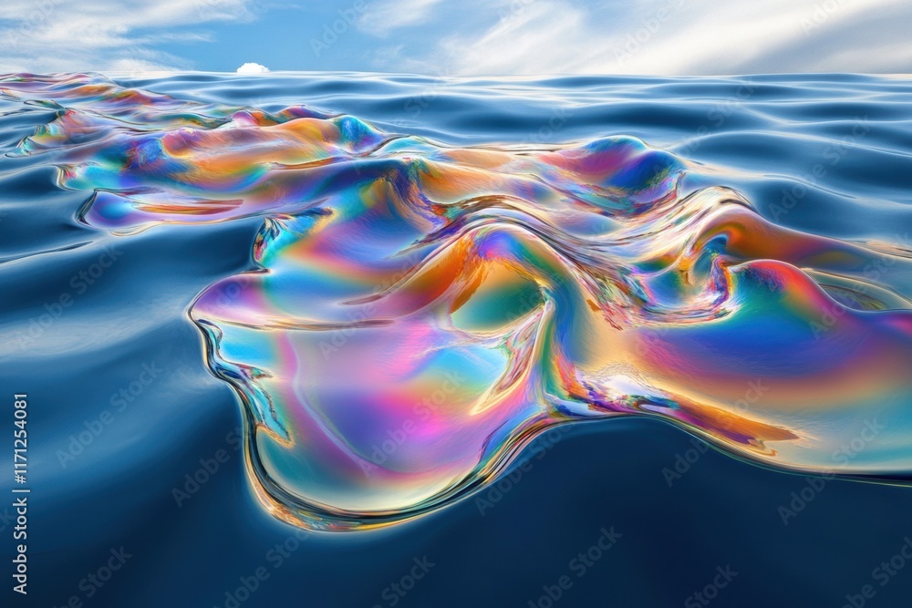 Obraz premium Colorful oil spill on ocean surface, reflecting sky, creating vibrant abstract shapes, showcasing environmental impact, pollution reminder, environment protection concept