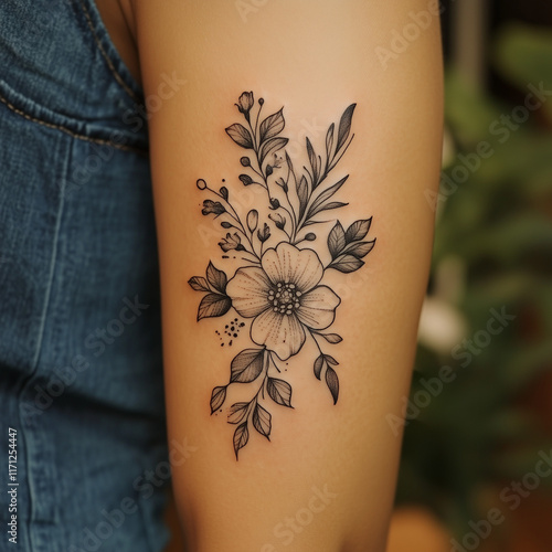 A stunning black floral tattoo design featuring intricate linework and detailed flowers, piece of body art with a classic monochromatic style. photo