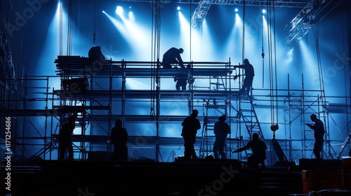 Wallpaper Mural Silhouetted construction workers assembling scaffolding under stage lights. Torontodigital.ca