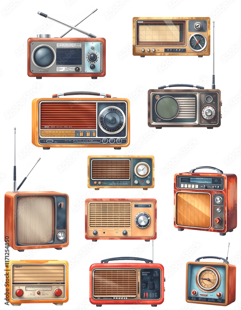 Fototapeta premium Set of retro old broadcast radio collection isolated on transparent background, watercolor, with white tones