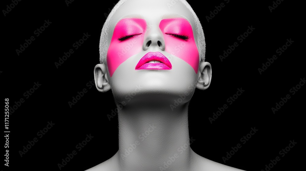 Stunning Monochrome Portrait with Bold Pink Makeup on Model Against Black Background