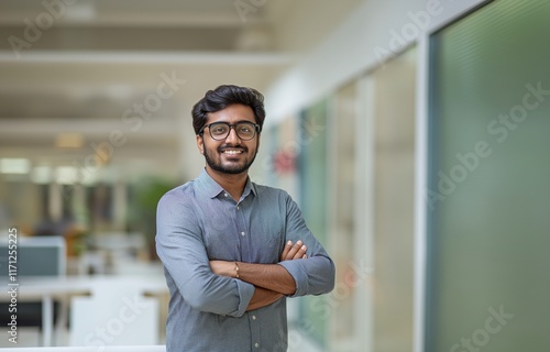 An attractive man Indian employee stands in a contemporary coworking area with his arms crossed, laughing and glancing at the camera. photo