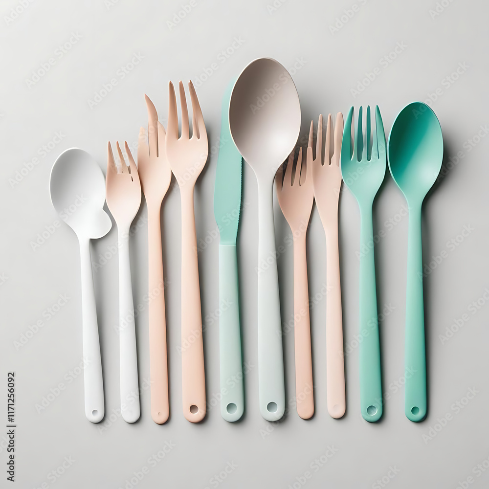 A set of travel utensils including a spork, knife, and reusable straw, neatly arranged on white. A set of travel utensils including a spork, knife, and reusable straw, neatly arranged on white.