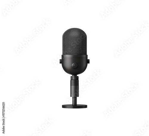 Black 3D microphone icon illustration with a sleek, modern design, ideal for representing audio, podcasts, and communication themes. Isolated on transparent background, png.