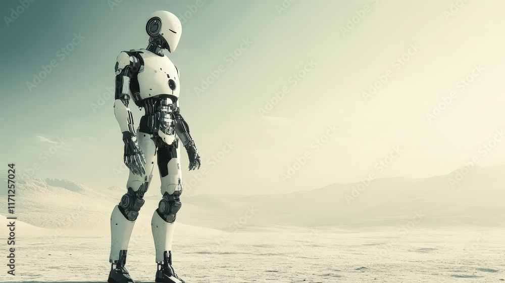 A lone android stands in a desolate desert landscape A lone android stands in a desolate desert landscape