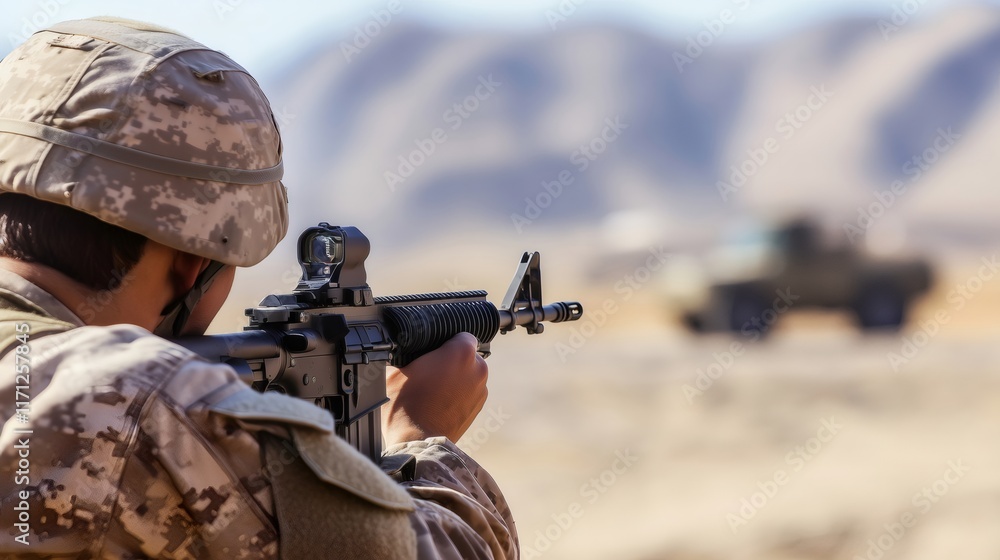 Fototapeta premium Soldier Aiming Assault Rifle at Military Vehicle in Desert Training Exercise
