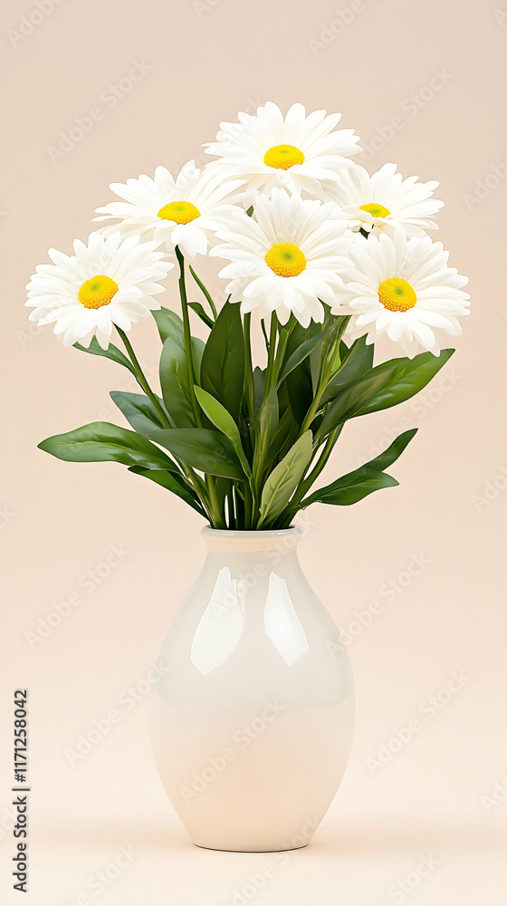 White daisies in vase, pastel background, simple bouquet, floral arrangement, home decor. White daisies in vase, pastel background, simple bouquet, floral arrangement, home decor.