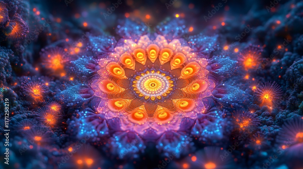 Glowing fractal mandala with vibrant colors and intricate details. Glowing fractal mandala with vibrant colors and intricate details.