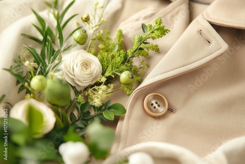 A close-up of a khaki trench coat buttoned neatly, with the fabric texture and stitching details visible photo