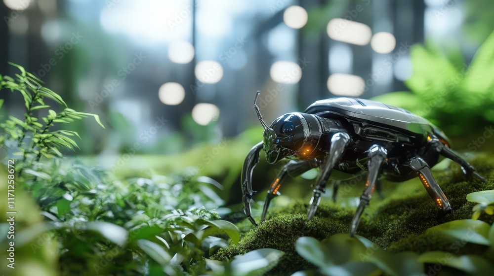 Robotic insect traversing lush green vegetation