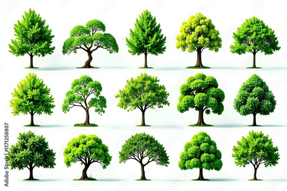 Fototapeta premium Diverse collection of green trees, isolated on white , collection, background