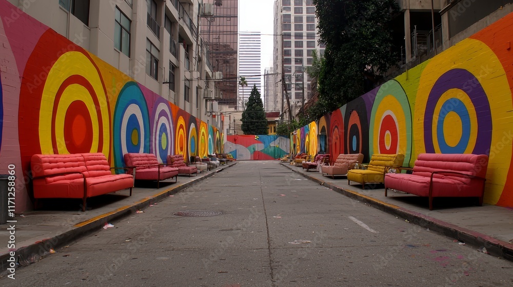 Obraz premium Colorful Alleyway Setup with Sofas and Vibrant Circular Murals for Sale Event
