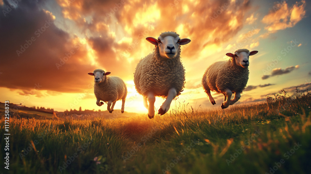 Fototapeta premium running sheep during sunset in a grassfield with a low Angle 