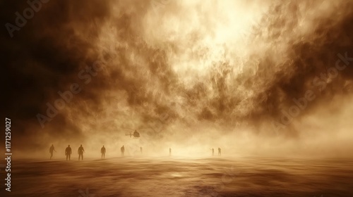 Military helicopter hovering above soldiers in a desert storm