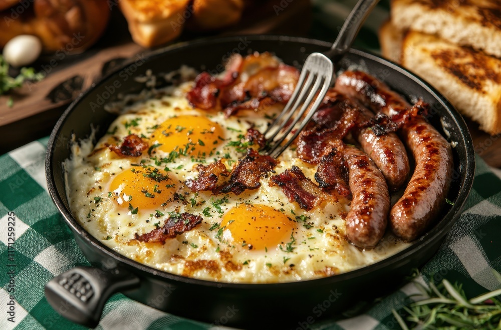 Deliciously Cooked Breakfast with Eggs, Bacon, Sausages, and Toast on a Rustic Table Setting Surrounded by Fresh Ingredients Ideal for Food Lovers Photography Deliciously Cooked Breakfast with Eggs, Bacon, Sausages, and Toast on a Rustic Table Setting Surrounded by Fresh Ingredients Ideal for Food Lovers Photography