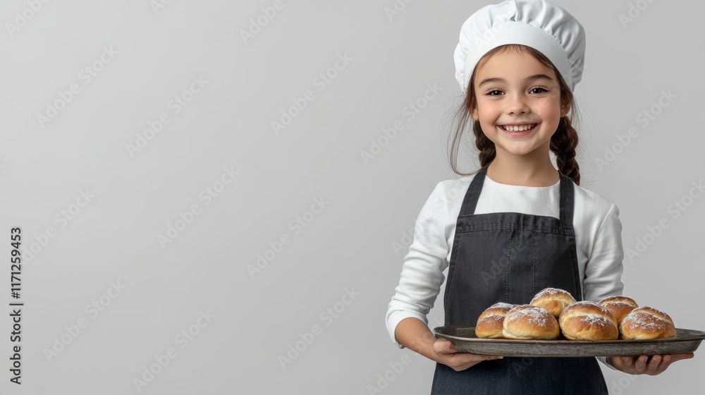 Little girl in chef's hat and apron holding tray with freshly baked buns, smiling, gray background with empty space for text	
