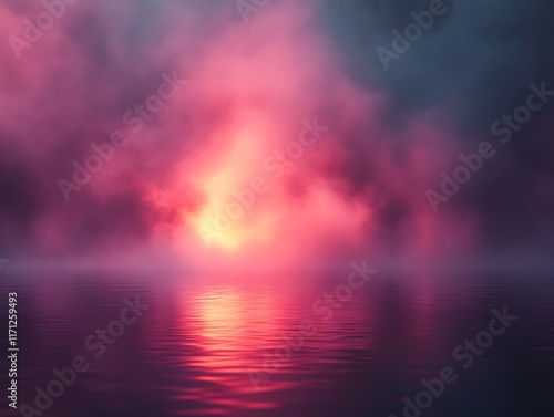 Pink and purple sunset reflected on calm water with fog.