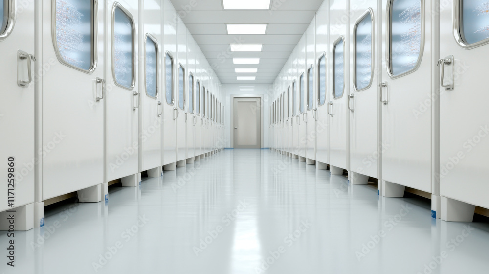 Fototapeta premium hospital medicine research concept. sterile hospital corridor with bright lighting and closed doors