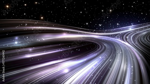 Abstract purple background showcases light rays and stars, evoking themes of time travel and spaceship flight in the universe photo