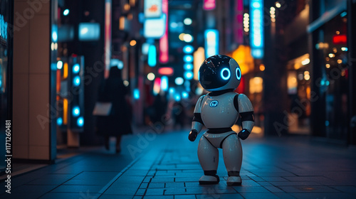 Wallpaper Mural Robot exploring a vibrant urban street filled with neon lights at night Torontodigital.ca