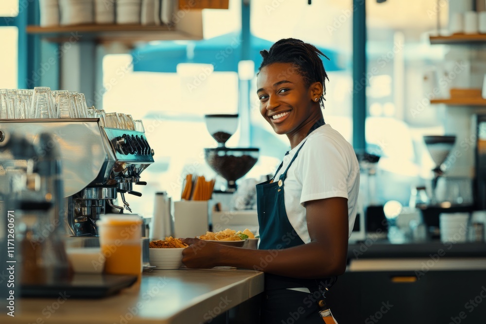 Smiling barista stands at the counter of her coffee shop Smiling barista stands at the counter of her coffee shop