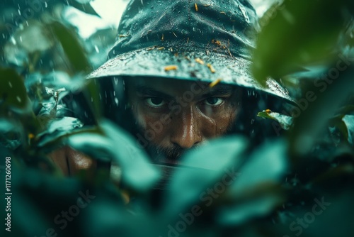 A jungle explorer cutting through thick vines with a machete, surrounded by dense vegetation and wild sounds photo